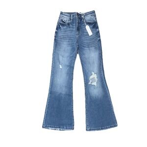 Petra 153 Women's High Rise Flare Jeans Size 7/27 Blue Distressed Raw Hem NWT